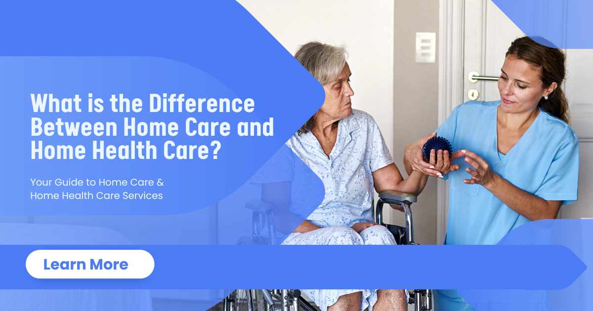A caregiver demonstrating a therapy tool to a senior woman in a wheelchair, illustrating the difference between home care and home health care services.