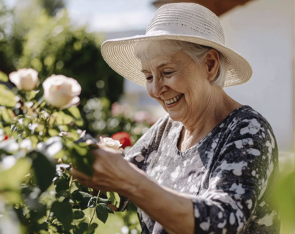 A smiling elderly woman wearing a sunhat while tending to roses in a garden on a sunny day.