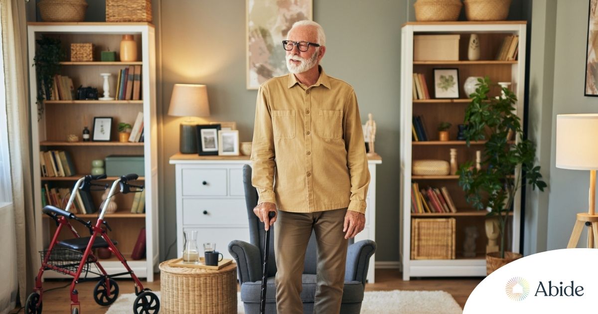 Fall prevention for Seniors Home Safety Exploring fall prevention for seniors — an elderly man stands in a safely arranged room.